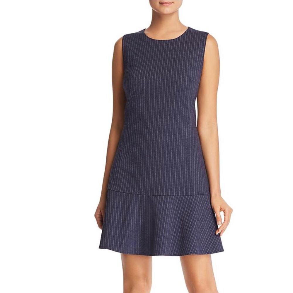 Le Gali Flutter Hem Sheath Dress Navy Blue Chalk PinStripe S